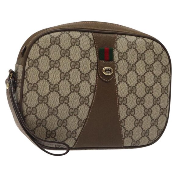 GUCCI GG Supreme Web Sherry Line Clutch Bag PVC Beige Gold 89 01 034 Auth 119132 - Picture 1 of 16